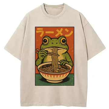 Personality fashion Frog Eating Ramen Retro Washed T-Shirt