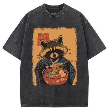 Personality fashion Ramen-obsessed Raccoon Washed T-Shirt