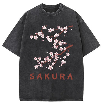 Personality fashion Japanese Beautiful Sakura Washed T-Shirt