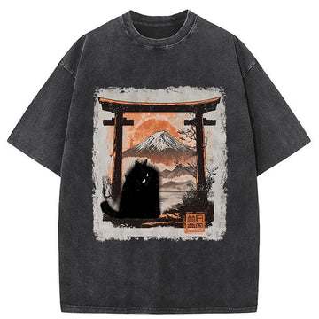 Personality fashion Mt. Fuji Guardian Cat Washed T-Shirt