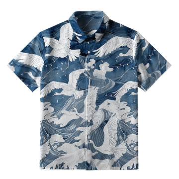 Personality fashion  Graceful Cranes On Waves Button-up Shirt