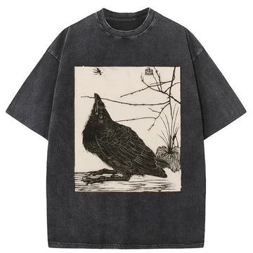 Personality fashion Crow Print Japanese Washed T-Shirt