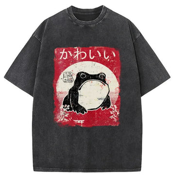 Personality fashion Woodblock Print Grumpy Frog Washed T-Shirt