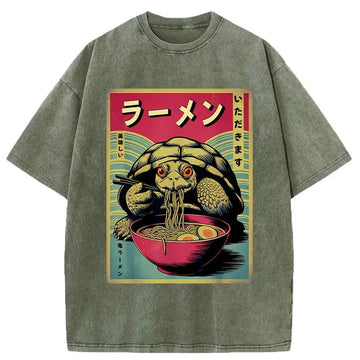 Personality fashion Turtle Eating Ramen Washed T-Shirt