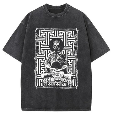Personality fashion Sayagata Buddha Graphic Washed T-Shirt