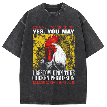 Personality fashion Chicken Permission Vintage Japanese Washed T-Shirt