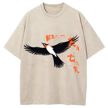 Personality fashion Japanese-Inspired Bird Washed T-Shirt