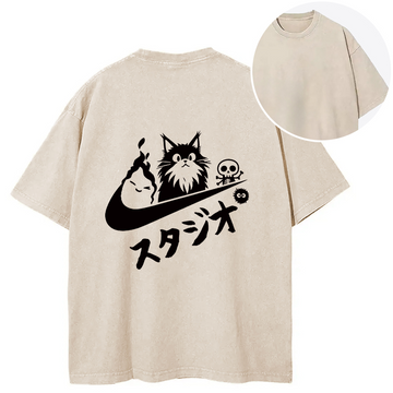 Personality fashion Black Cat Vintage Back Washed T-Shirt