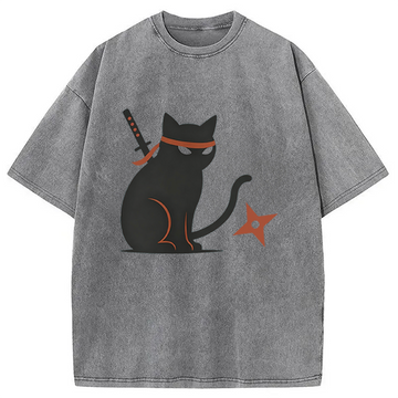 Personality fashion Japanese Ninja Neko Kimono Cat Washed T-Shirt