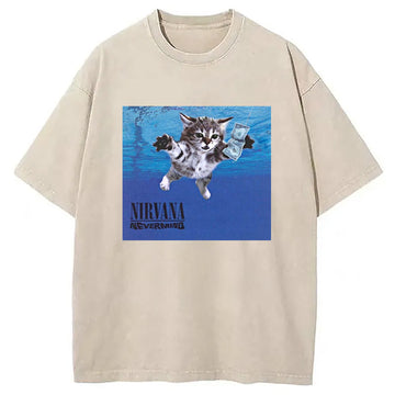 Personality fashion Nirvana Band Cat Washed T-Shirt