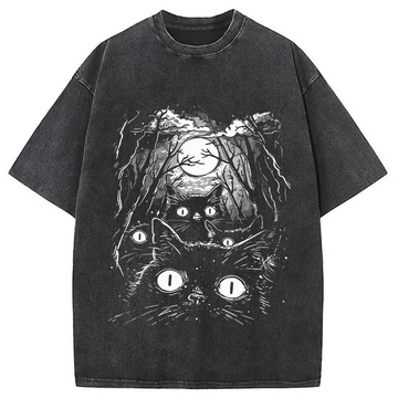 Personality fashion Black Cats Vintage Washed T-Shirt