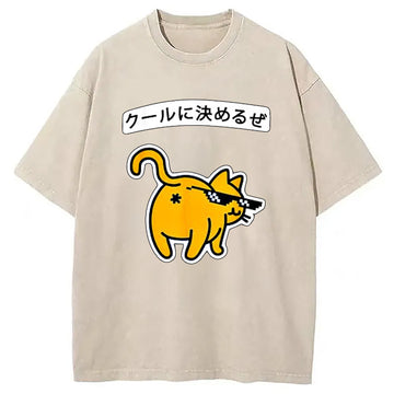 Personality fashion Cool Meme Cat with Japanese Washed T-Shirt