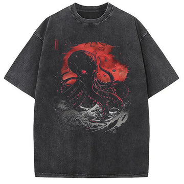 Personality fashion Red Moon Kraken Octopus Washed T-Shirt