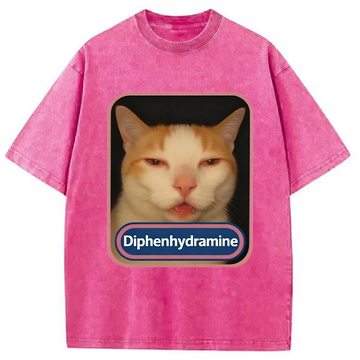 Personality fashion Pink Diphenhydramine Meme Cat Washed T-Shirt