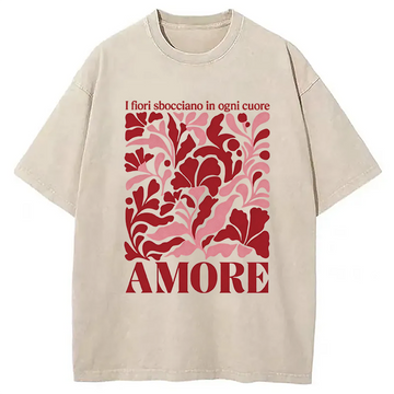 Personality fashion Red Floral Amore Washed T-Shirt