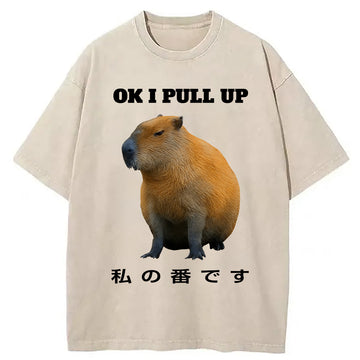 Personality fashion Ok I Pull Up Funny Capybara Washed T-Shirt