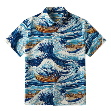 Personality fashion  Nautical Adventure Wave Button-up Shirt
