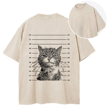 Personality fashion Cat That Was Arrested Funny Back Washed T-Shirt
