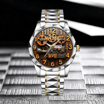 Customized Steampunk-Style Watch – Retro Gear and Engine Pattern Watch with Personalized Name Design - A Gift For Friend,Family,Mechanical Enthusiast