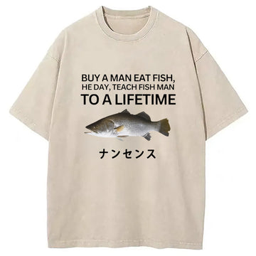 Personality fashion Buy a Man Eat Fish Washed T-Shirt