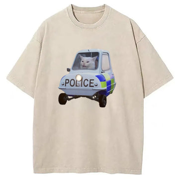 Personality fashion Police Cat Meme Washed T-Shirt