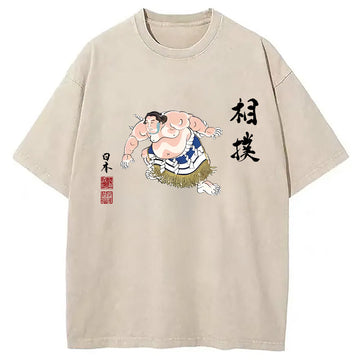 Personality fashion Sumo Design Hooded Washed T-Shirt