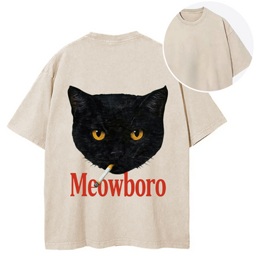 Personality fashion Smoking Black Cat Vintage Back Washed T-Shirt