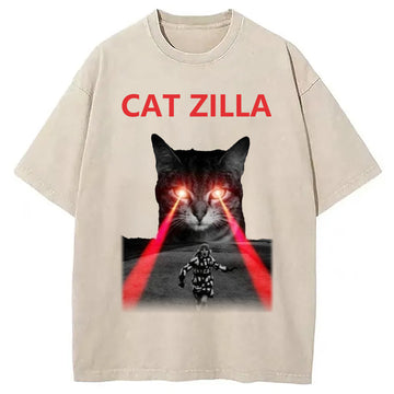 Personality fashion Monster Laser Cat Washed T-Shirt