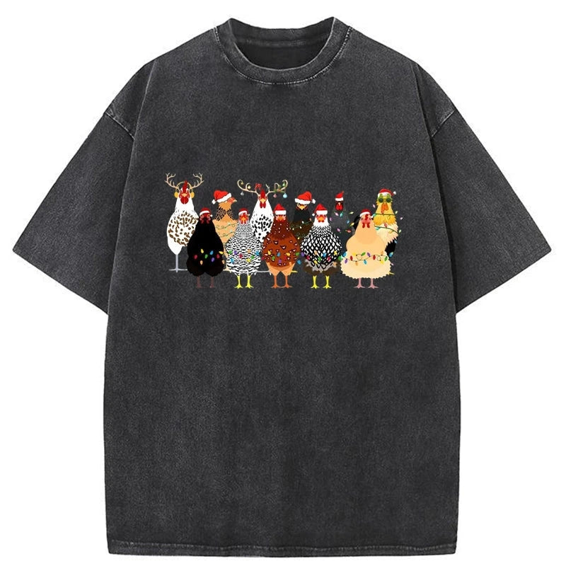 Personality fashion A Flock Of Christmas Chickens Washed T-Shirt