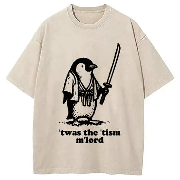 Personality fashion Focused Penguin Samurai Washed T-Shirt