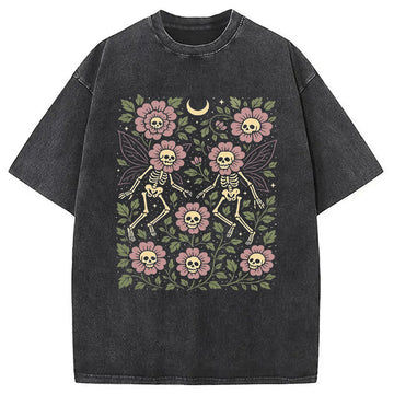 Personality fashion Skeleton Fairy Grunge Washed T-Shirt