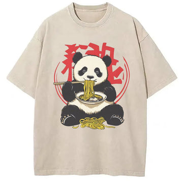 Personality fashion Retro Panda Ramen Washed T-Shirt