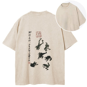 Personality fashion Retro Japan Frog Back Washed T-Shirt
