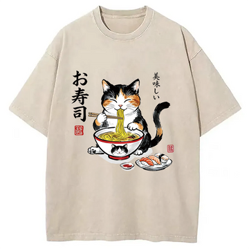 Personality fashion Cats Eat Japanese Food Washed T-Shirt