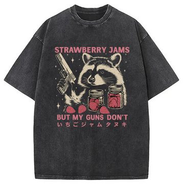 Personality fashion Strawberry Jams  Funny Raccoon Washed T-Shirt