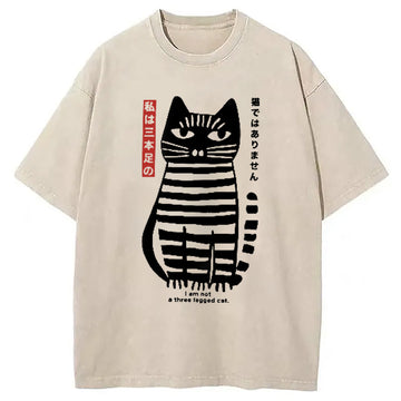 Personality fashion Bold Black and White Cat Washed T-Shirt