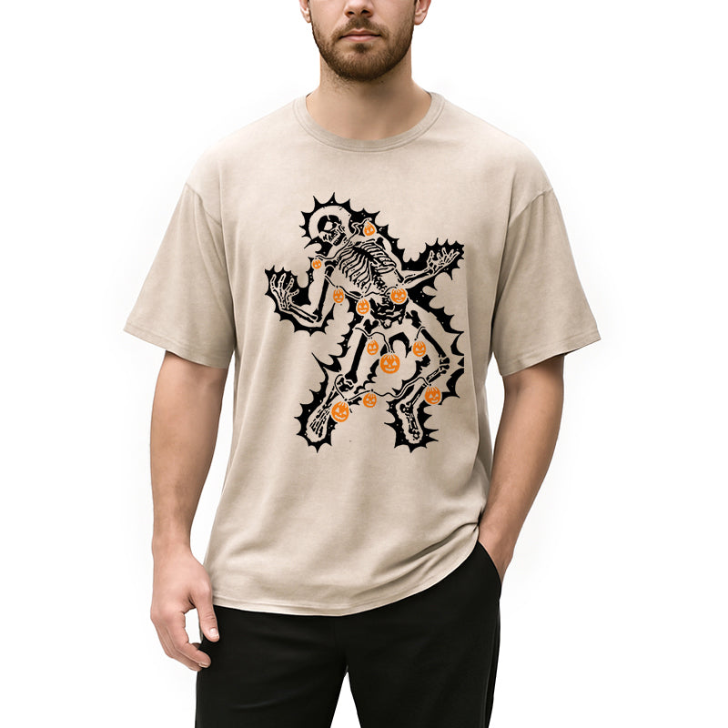 Personality fashion Electrocuted Skeleton Halloween Washed T-Shirt