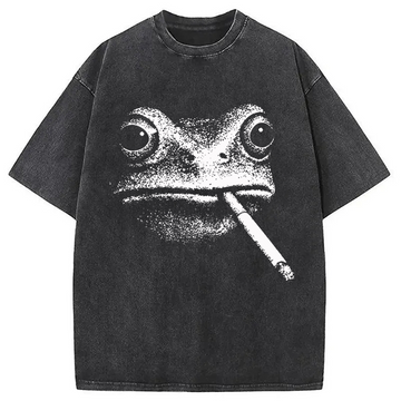 Personality fashion Vintage Smoking Frog Washed T-Shirt