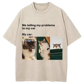 Personality fashion Funny Car Cat Meme Washed T-Shirt