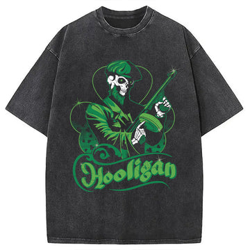 Personality fashion Hooligan Green Skeleton Washed T-Shirt