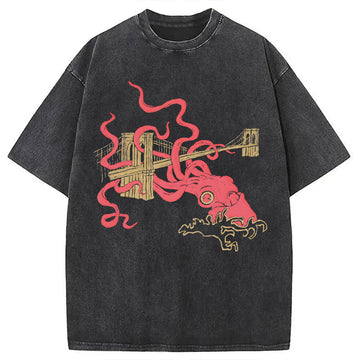Personality fashion Squid Attack Washed T-Shirt