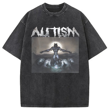 Personality fashion Funny Autism Wolf Washed T-Shirt