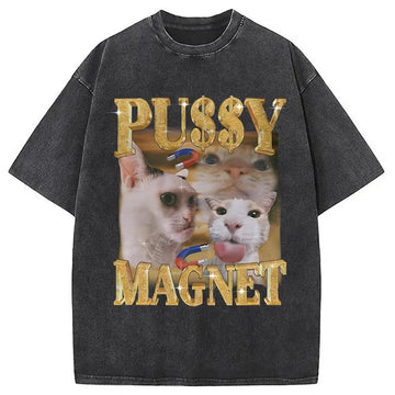 Personality fashion Ironic PUSSY MAGNET Cat Meme Washed T-Shirt