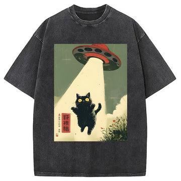 Personality fashion Vintage Japanese Alien Cat Washed T-Shirt