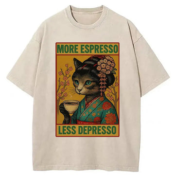 Personality fashion Geisha Cat Drinking Coffee Washed T-Shirt