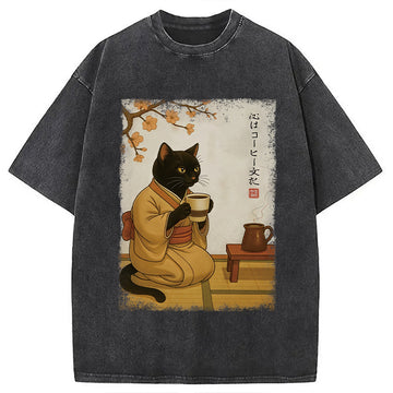 Personality fashion Cat Heart Full Of Coffee Washed T-Shirt