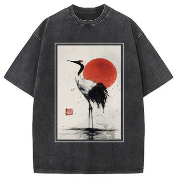 Personality fashion Retro Japanese Red-crowned Crane Washed T-Shirt