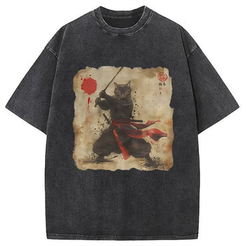 Personality fashion Retro Japanese Samurai Cat Washed T-Shirt