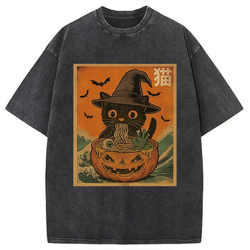 Personality fashion Halloween Cat Eating Ramen Washed T-Shirt