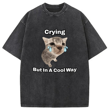 Personality fashion Funny Cat Crying Meme Washed T-Shirt